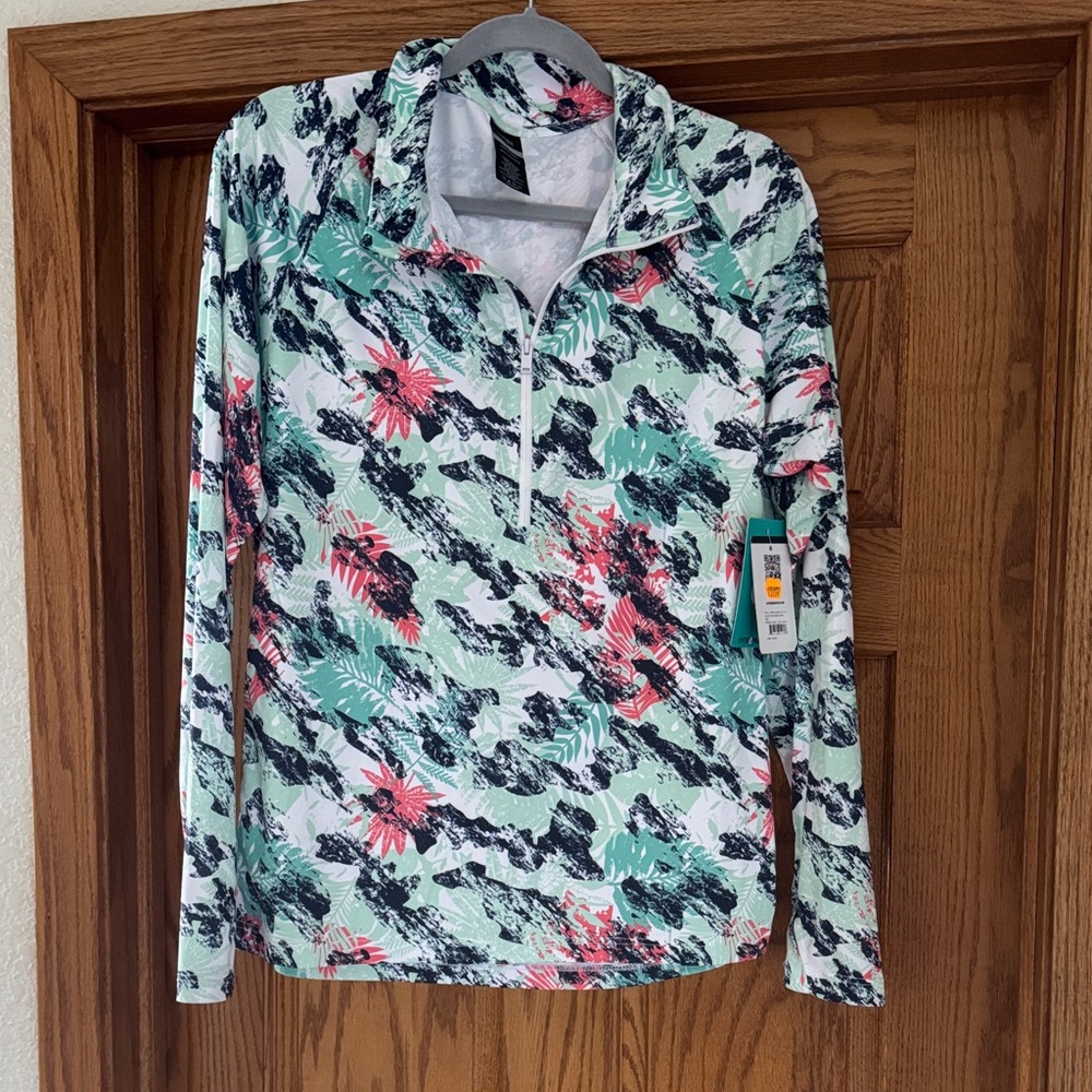 Floral Print Long-Sleeve Quarter-Zip Top - Mint/Pink